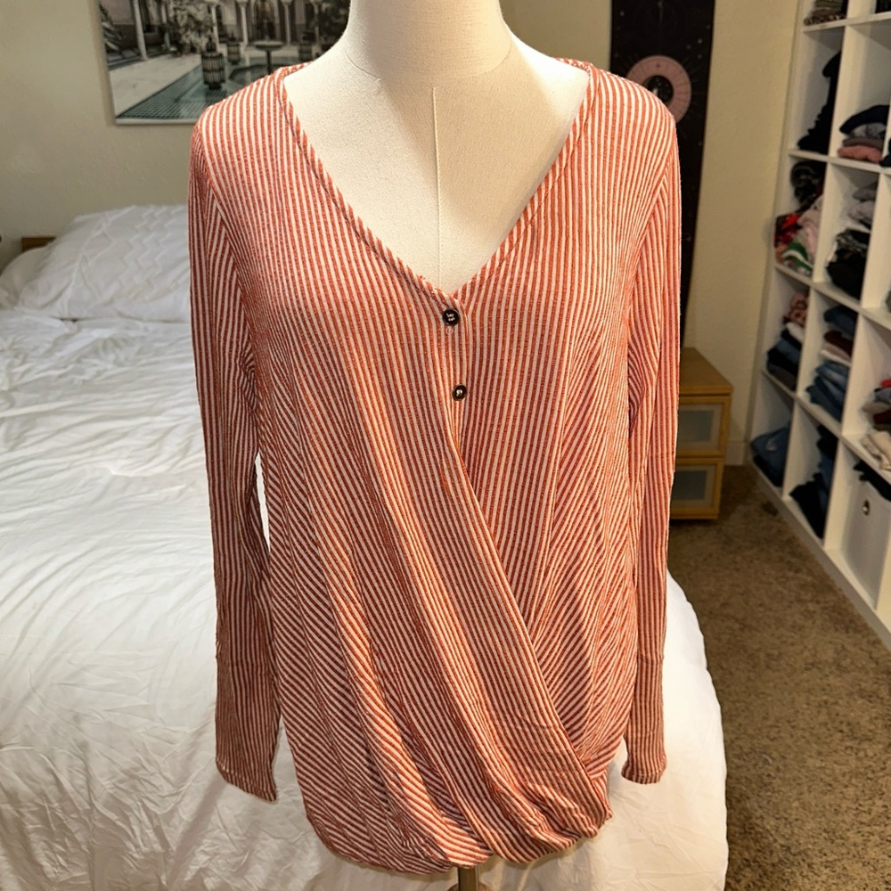 Blu Pepper | Striped Twist Front Faux Wrap Henley Top Oversized Long Sleeve L